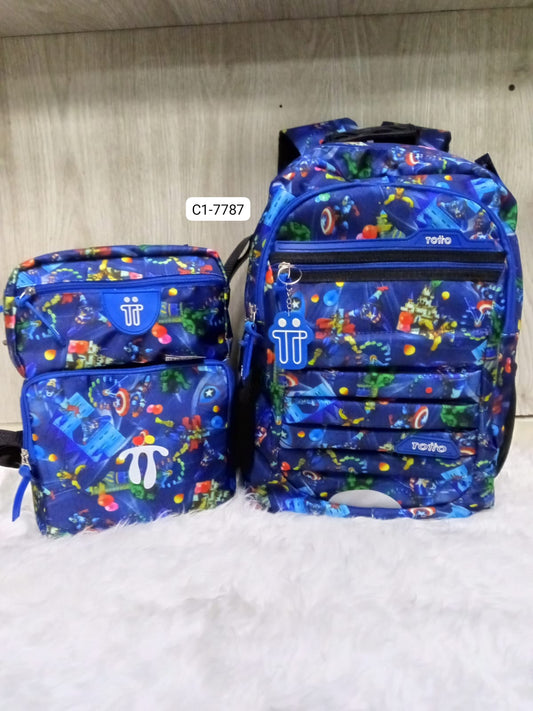 Combo Morral, Lonchera, cartuchera Para Niño (3 Piezas) C1-7787